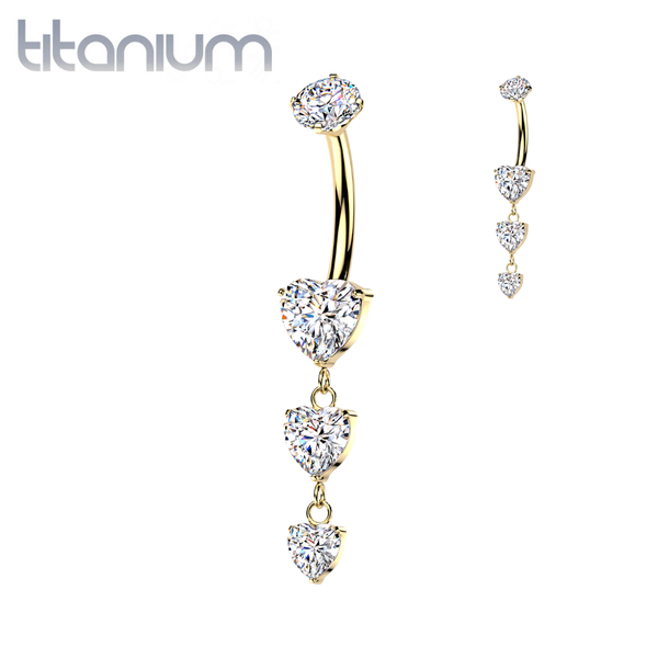 Implant Grade Titanium Gold PVD White CZ Triple Heart Shape Dangle Belly Ring - Pierced Universe