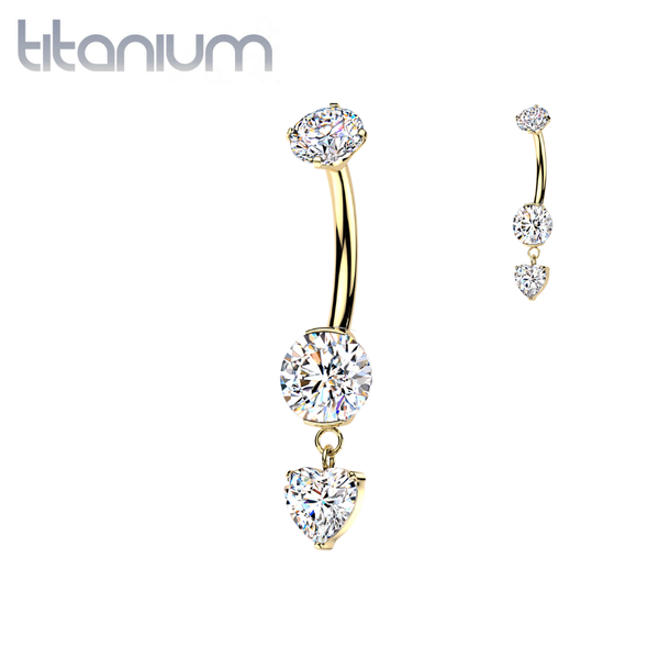 Implant Grade Titanium Gold PVD White CZ Gem Circle & Heart Dangle Belly Ring - Pierced Universe