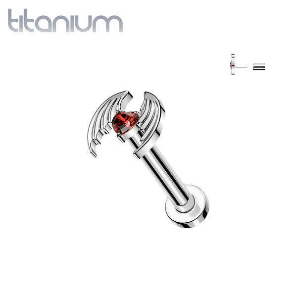 Implant Grade Titanium Red Heart CZ Large Angel Wings Threadless Push In Labret With Flat Back