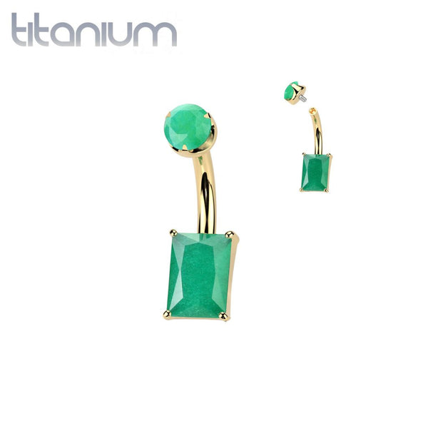Implant Grade Titanium Gold PVD Green Onyx Rectangle Internally Threaded Belly Ring - Pierced Universe