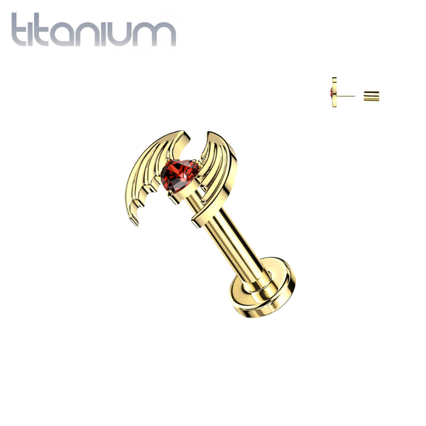 Implant Grade Titanium Gold PVD Red Heart CZ Large Angel Wings Threadless Push In Labret With Flat Back