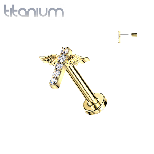 Implant Grade Titanium Gold PVD White CZ Gem Bar With Wings Threadless Labret With Flat Back - Pierced Universe