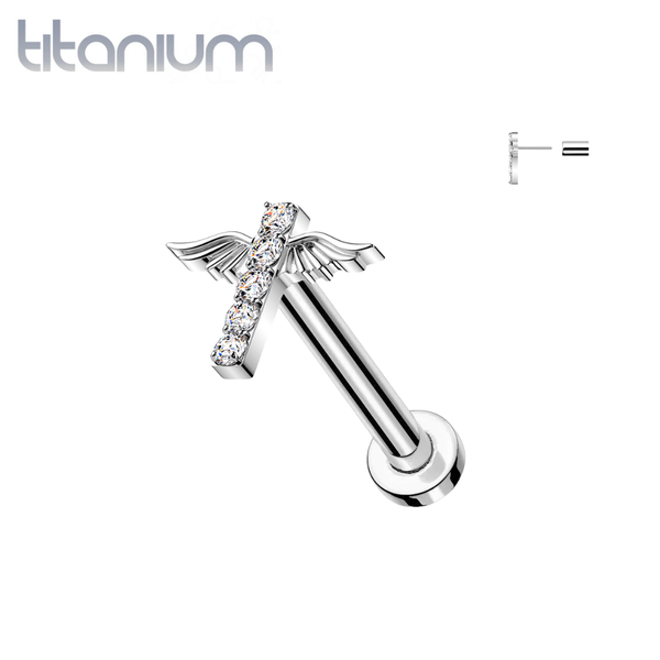 Implant Grade Titanium White CZ Gem Bar With Wings Threadless Labret With Flat Back - Pierced Universe