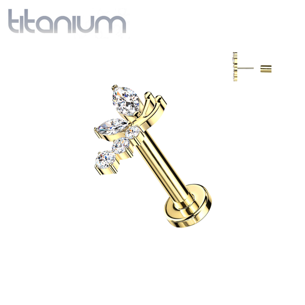 Implant Grade Titanium Gold PVD White CZ Pave Large Flying Butterfly Threadless Labret With Flat Back