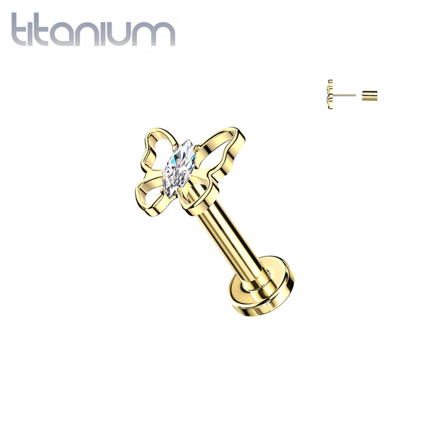 Implant Grade Titanium Gold PVD White CZ Marquise Large Butterfly Threadless Labret With Flat Back