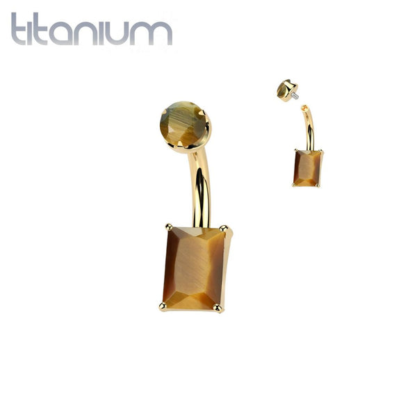 Implant Grade Titanium Gold PVD Tiger's Eye Stone Rectangle Internally Threaded Belly Ring - Pierced Universe