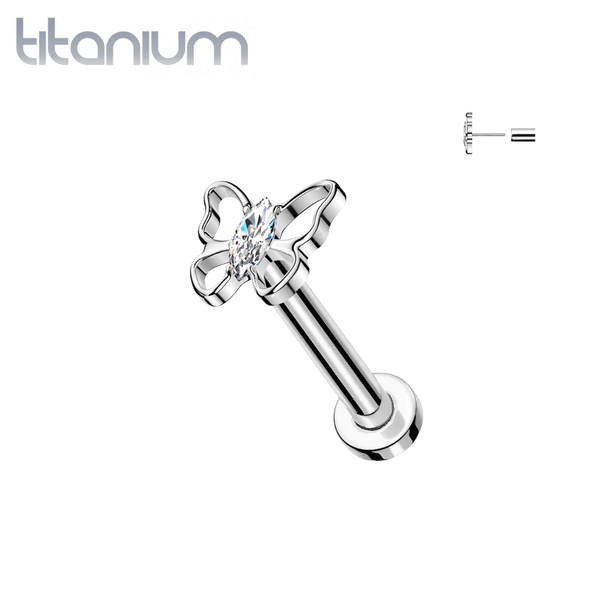 Implant Grade Titanium White CZ Marquise Gem Large Butterfly Threadless Labret With Flat Back