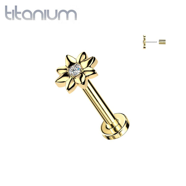 Implant Grade Titanium Gold PVD White CZ Center Large Flower Threadless Labret With Flat Back - Pierced Universe