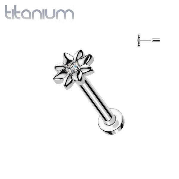 Implant Grade Titanium White CZ Center Large Flower Threadless Labret With Flat Back - Pierced Universe