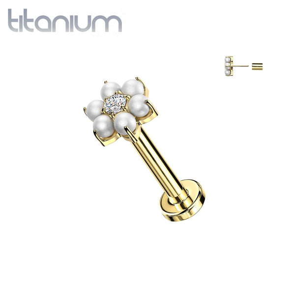 Implant Grade Titanium Gold PVD Large Pearl White CZ Flower Threadless Flat Back Labret - Pierced Universe