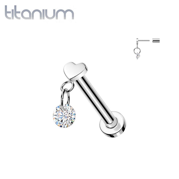 Implant Grade Titanium Heart With White CZ Dangle Threadless Push In Labret With Flat Back