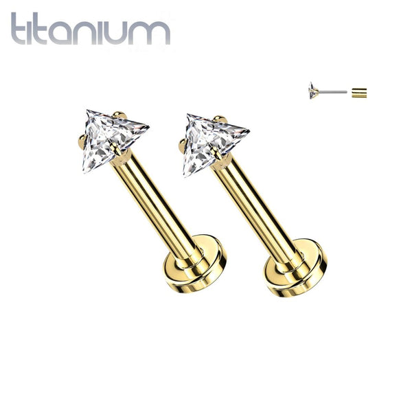 Pair of Implant Grade Titanium Gold PVD White CZ Triangle Gem Threadless Push In Earrings With Flat Back - Pierced Universe