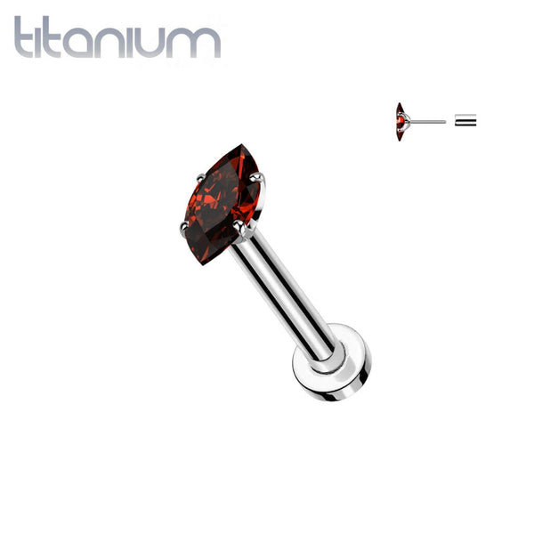 Implant Grade Titanium Red CZ Clawed Marquise Gem Push In Threadless Labret With Flat Back - Pierced Universe