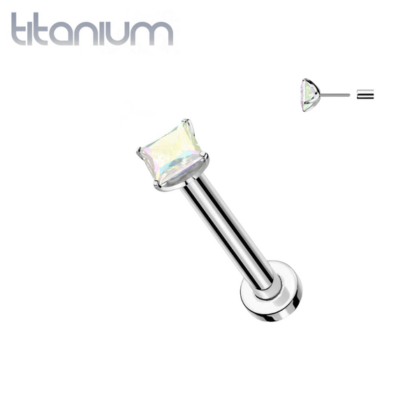 Implant Grade Titanium Square Aurora Borealis CZ Gem Threadless Push In Labret - Pierced Universe