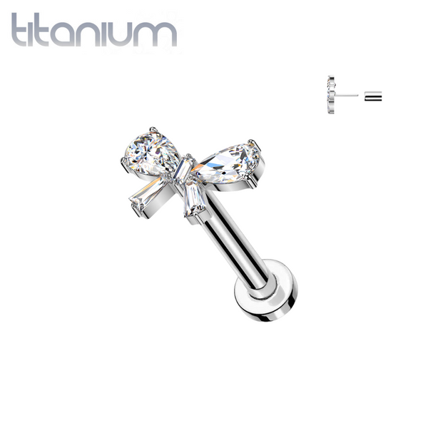Implant Grade Titanium White CZ Large Bow Threadless Labret With Flat Back - Pierced Universe