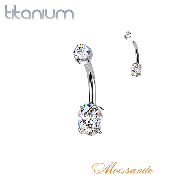 Implant Grade Titanium White Moissanite Dainty Oval Internally Threaded Belly Ring - Pierced Universe