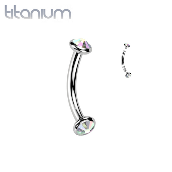 Implant Grade Titanium Aurora Borealis CZ Bezel Internally Threaded Curved Barbell - Pierced Universe