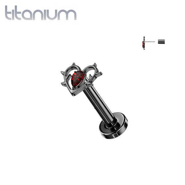 Implant Grade Titanium Black PVD Red CZ Heart With Thorns Threadless Labret With Flat Back - Pierced Universe