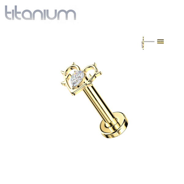 Implant Grade Titanium Gold PVD White CZ Heart With Thorns Threadless Labret With Flat Back - Pierced Universe