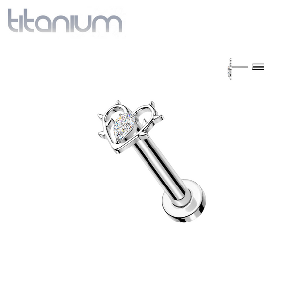 Implant Grade Titanium White CZ Heart With Thorns Threadless Labret With Flat Back - Pierced Universe