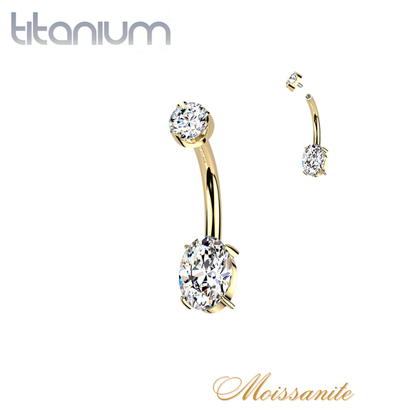 Implant Grade Titanium Gold PVD White Moissanite Dainty Oval Internally Threaded Belly Ring