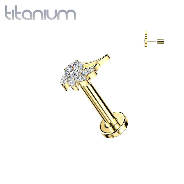 Implant Grade Titanium Gold PVD White CZ Angel Wing Threadless Labret With Flat Back - Pierced Universe
