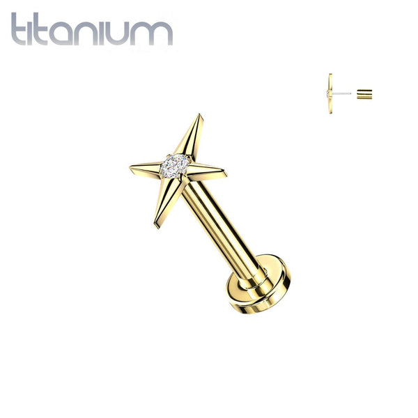 Implant Grade Titanium Gold PVD White CZ Large Four Point Star Threadless Labret With Flat Back - Pierced Universe
