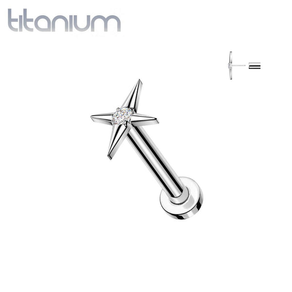 Implant Grade Titanium White CZ Gem Large Four Point Star Threadless Labret With Flat Back - Pierced Universe