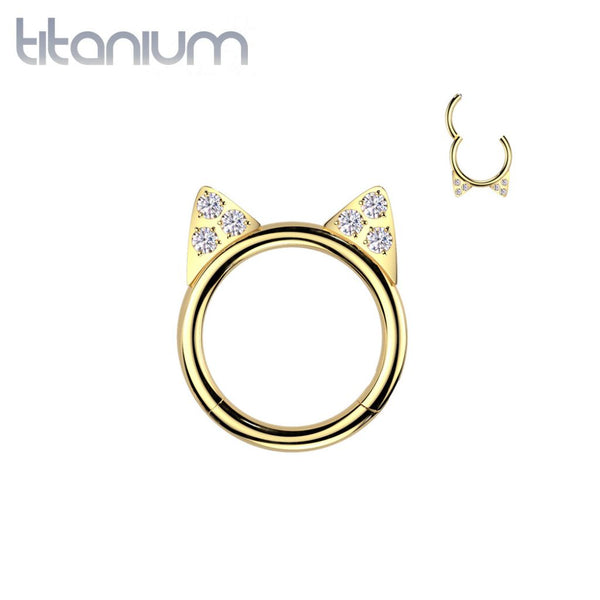 Implant Grade Titanium Gold PVD White CZ Cute Cat Ear Hinged Clicked Hoop - Pierced Universe