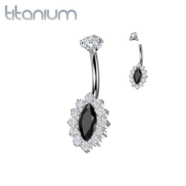 Implant Grade Titanium White & Black CZ Internally Threaded Marquise Non Dangle Belly Ring - Pierced Universe