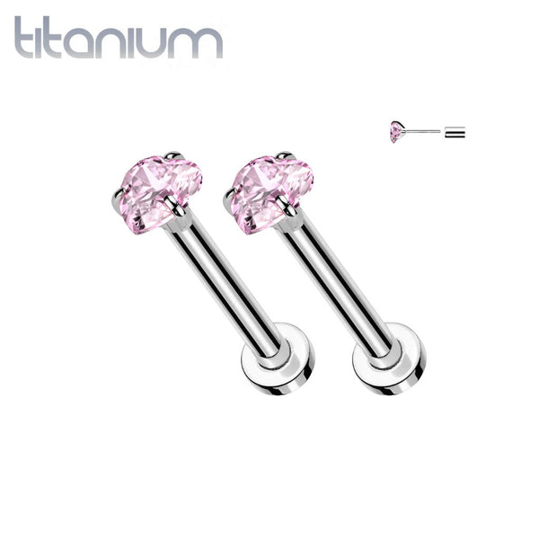 Pair of Implant Grade Titanium Pink CZ Heart Shaped Gem Threadless Push In Earrings With Flat Back - Pierced Universe