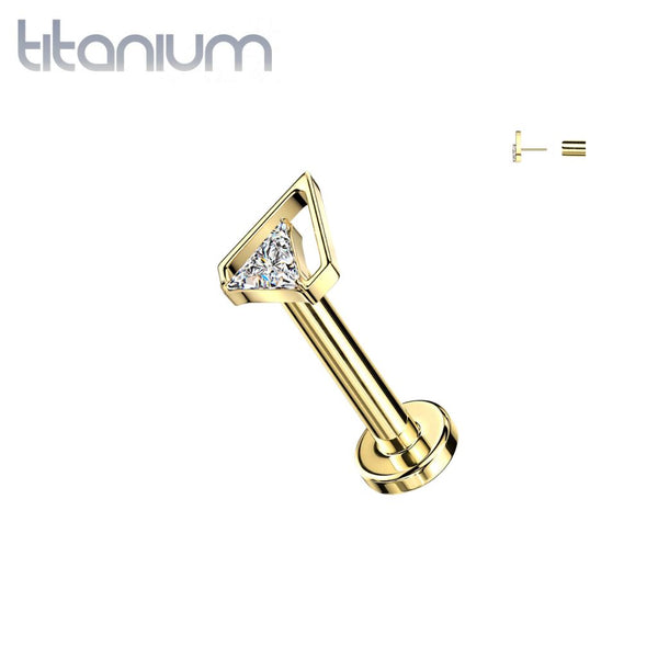 Implant Grade Titanium Gold PVD White CZ Cut Out Triangle Threadless Labret With Flat Back - Pierced Universe