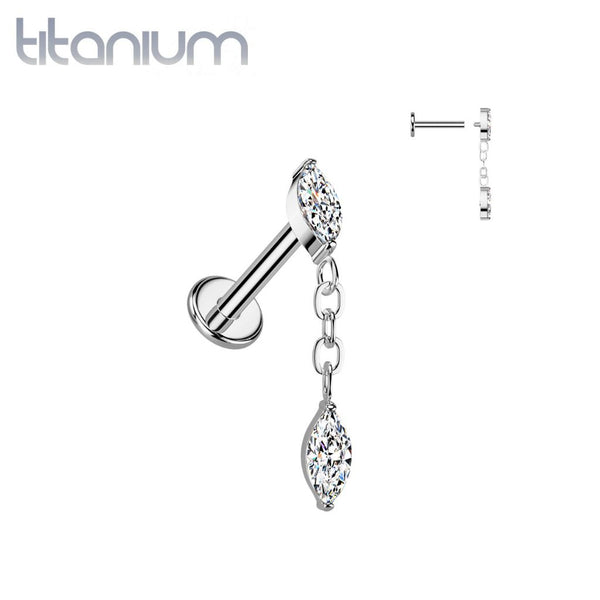Implant Grade Titanium White CZ Marquise Gem Dangle Internally Threaded Labret - Pierced Universe