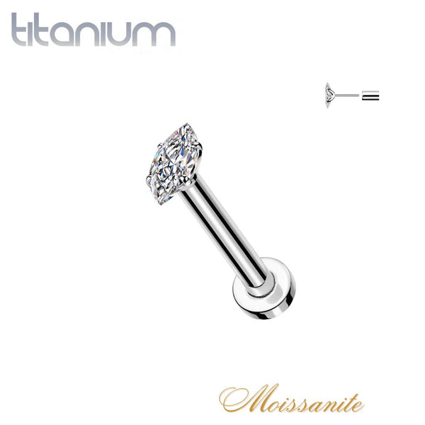 Implant Grade Titanium White Moissanite Marquise Gem Threadless Push In Labret With Flat Back