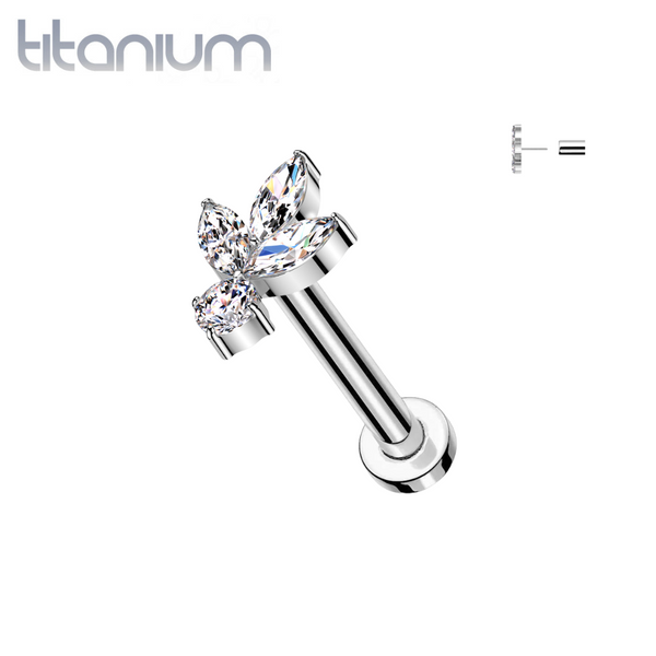 Implant Grade Titanium White CZ Trillium With Round Gem Threadless Labret With Flat Back