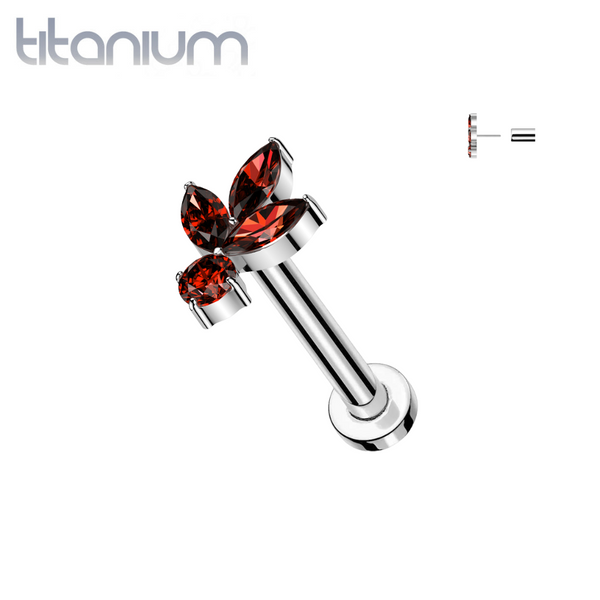 Implant Grade Titanium Red CZ Trillium With Round Gem Threadless Labret With Flat Back