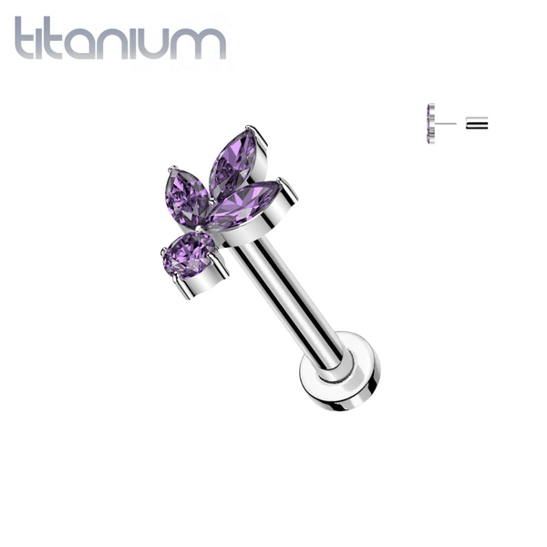 Implant Grade Titanium Purple CZ Trillium With Round Gem Threadless Labret With Flat Back - Pierced Universe