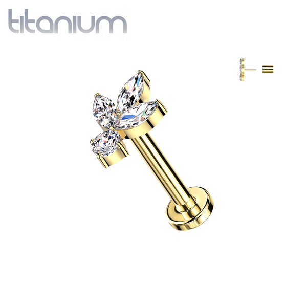Implant Grade Titanium Gold PVD White CZ Trillium With Round Gem Threadless Labret With Flat Back