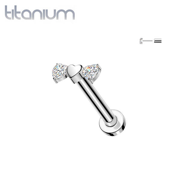 Implant Grade Titanium Triple Heart White CZ Bar Top Threadless Labret With Flat Back - Pierced Universe