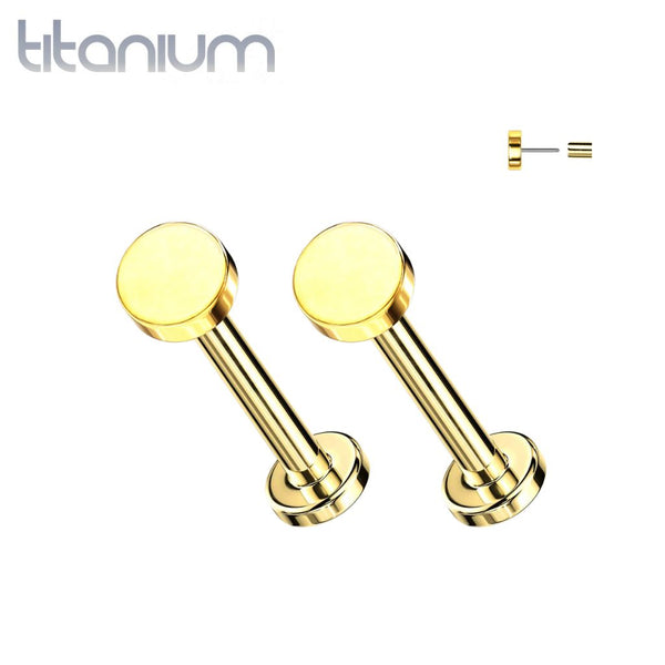 Pair of Implant Grade Gold PVD Titanium Circle Disc Push In Threadless Earring Studs with Flat Back