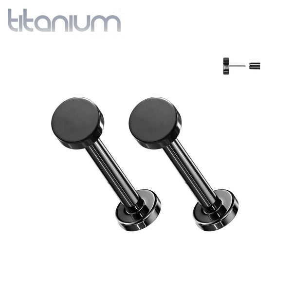 Pair of Implant Grade Black PVD Titanium Circle Disc Push In Threadless Earring Studs with Flat Back
