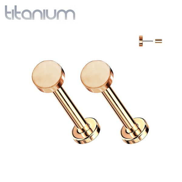 Pair of Implant Grade Rose Gold PVD Titanium Circle Disc Push In Threadless Earring Studs with Flat Back