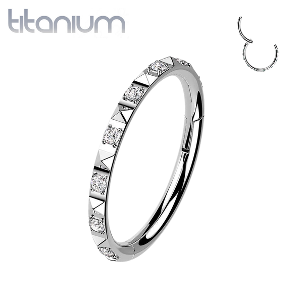 Implant Grade Titanium Ridged With White CZ Gems Hinged Hoop Clicker Ring - Pierced Universe