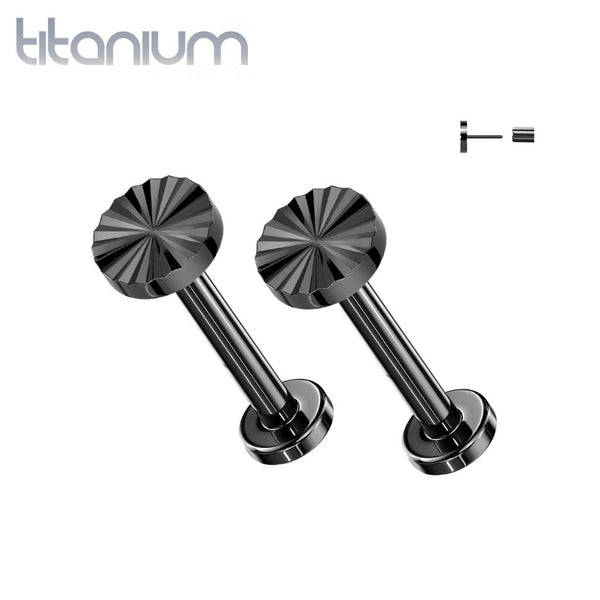 Pair of Implant Grade Titanium Black PVD Ridged Circle Push In Threadless Earring Studs with Flat Back