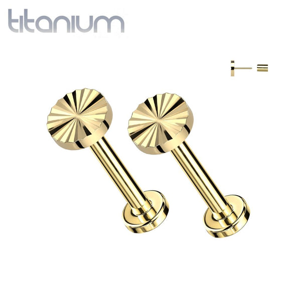 Pair of Implant Grade Titanium Gold PVD Ridged Circle Push In Threadless Earring Studs with Flat Back