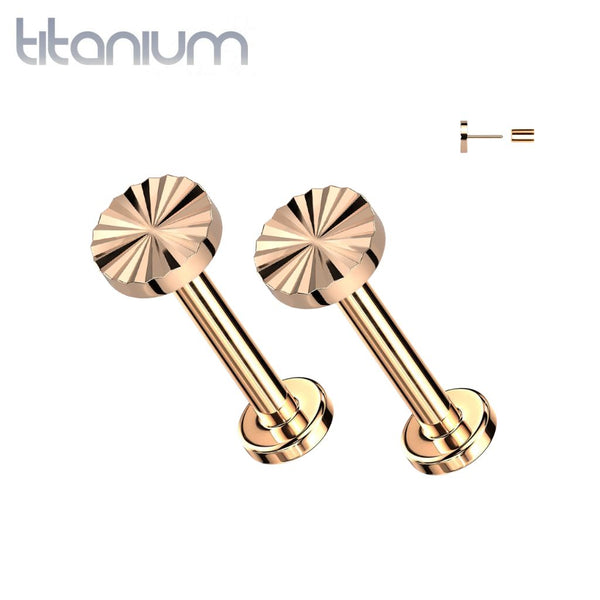 Pair of Implant Grade Titanium Rose Gold PVD Ridged Circle Push In Threadless Earring Studs with Flat Back