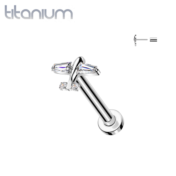 Implant Grade Titanium White CZ Airplane Threadless Labret With Flat Back - Pierced Universe