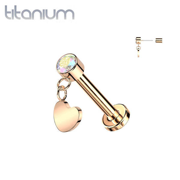 Implant Grade Titanium Threadless Rose Gold PVD Push In Nose Ring AB CZ Heart Dangle With Flat Back - Pierced Universe
