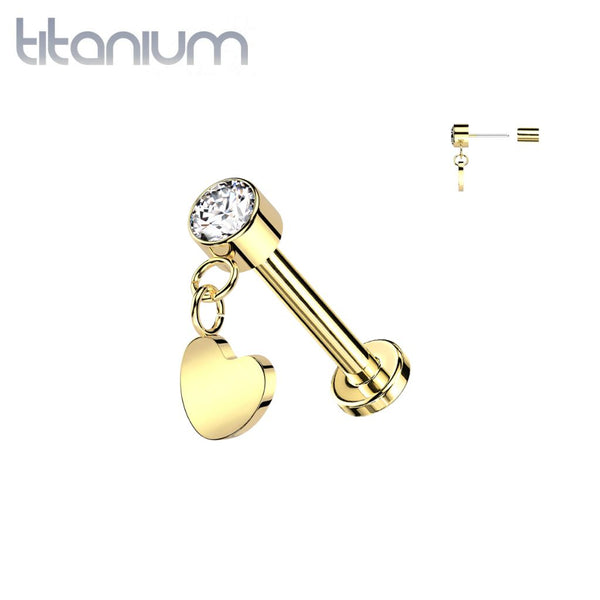 Implant Grade Titanium Threadless Gold PVD Push In Nose Ring White CZ Heart Dangle With Flat Back - Pierced Universe