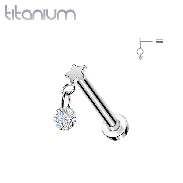 Implant Grade Titanium Star With White CZ Dangle Threadless Labret With Flat Back - Pierced Universe